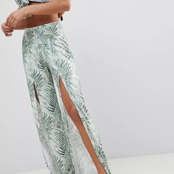 ASOS Green Tropical Palm Print Split Front Wide Leg Pants Women’s Size 6 - Picture 2 of 10